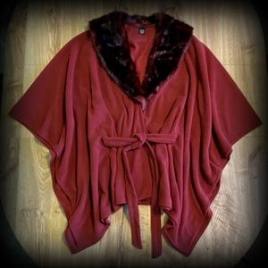 Mixit Fur Collar Belted Poncho Cape Jacket OS